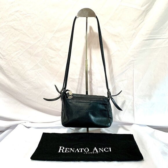 RENATO ANGI Double Handle Soft Black Leather Double Zip Shoulder Purse Dust Bag - Picture 1 of 16